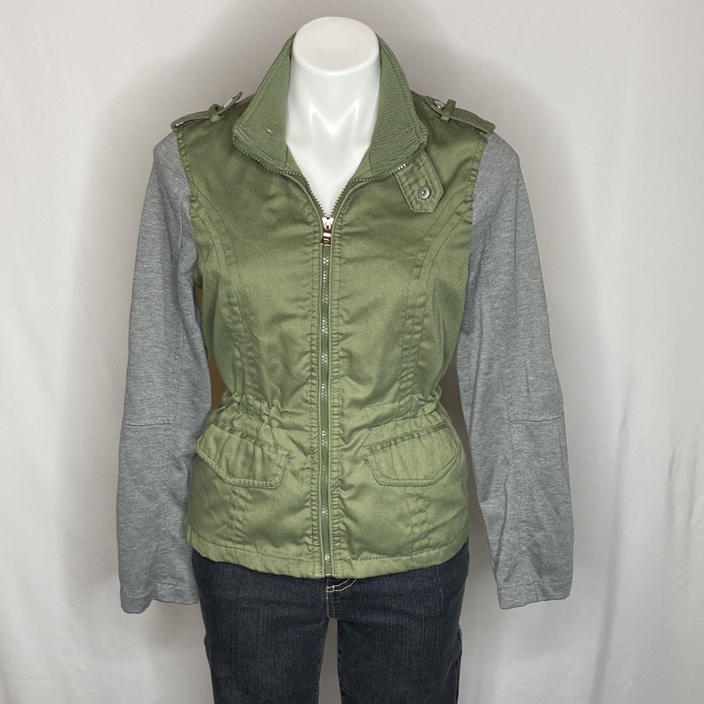Olive Army Green Canvas & Grey Cotton Cinch Waist Moto Jacket by Therapy, L